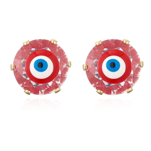 Mini gold-plated copper evil eye stud earrings with red faceted crystal and zircon