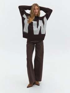 Women Cotton Polyester Sweater Pullover Round Neck Long Sleeve Letter Jacquard Oversized Lazy Style Knitwear