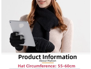 Detail of black touchscreen knit gloves and scarf set with 55-60cm cap circumference