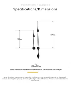 Detailed size chart for 951 metal clock hands measuring 152mm and 229mm from center