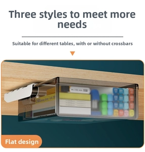 Flat style under-desk drawer with smoky grey translucent body and white bracket mount