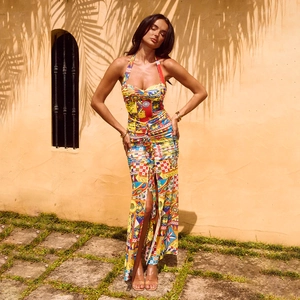 Halter Maxi Dress For Women Colorful Sicilian Tile Print Backless High Slit Ruched Sexy Summer Vacation Party Polyester