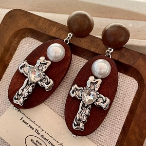 Boucles D'oreilles Pendantes Croix Gothique Vintage Bois Alliage Coeur Strass Künstliche Perle Synthétique 925 Argent Fin Femmes