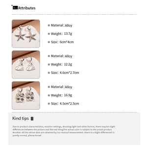 Detailed size and weight specs for silver starfish, heart, and textured C-shape earrings