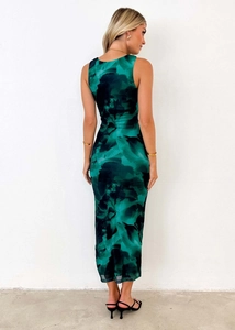 Detailed back view of a slim-fit sleeveless maxi dress with dark green ink print