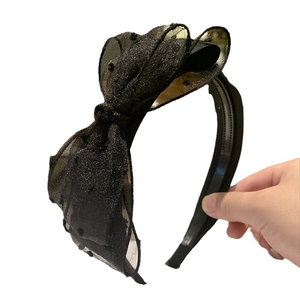 Elegant black lace headband with mesh bow and sequined polka dots for women hair styling