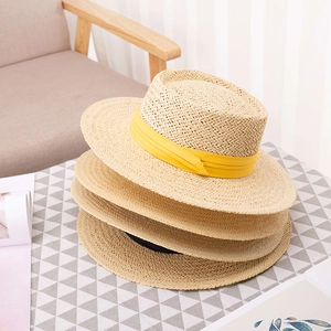 Handmade Paper Straw Boater Hat Wide Brim Sun Protection Summer Beach Vacation Flat Top With Ribbon Bow For Women