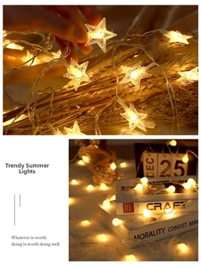 Close-up of star-shaped and round LED warm fairy lights for holiday decor and camping