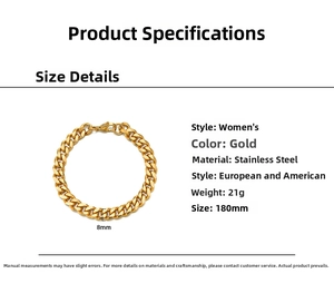 Detailed specs of the 8mm wide gold-plated stainless steel Cuban link bracelet for women