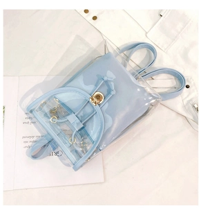 Detail of light blue transparent PVC backpack with inner pouch and gold lock closure