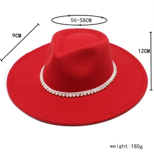 Detail view of red flat-top jazz hat with pearls, showing dimensions and 9cm wide brim