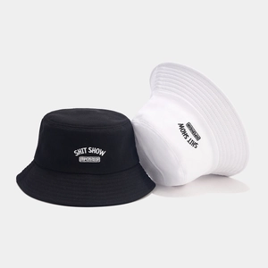 Black and white fisherman hats with SHIT SHOW embroidery on high-density cotton canvas