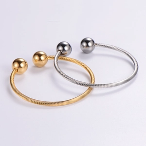 Retro punk adjustable stainless steel cable cuff bracelet with polished gold and silver beads