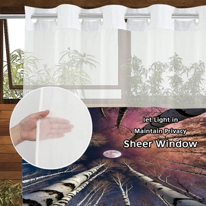 Detail showing sheer white window curtain texture with moonlit forest printed panel