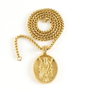 Vintage religious pendant necklace in gold finish with square pearl link chain