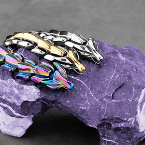Punk dragon scale bracelets in silver, gold and rainbow steel with dragon head clasp