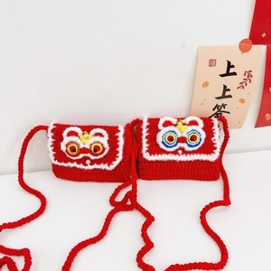 Kids Mini Lion Dance Crochet Crossbody Bag Chinese New Year Festive Knitted Shoulder Purse With Artificial Pearl Button For Girls