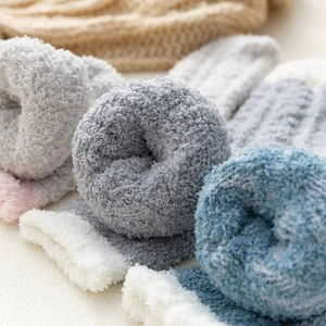 Thick coral fleece socks for women in grey, blue and pink with fluffy white cuffs