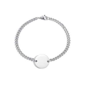 Detailed view of silver stainless steel curb chain bracelet with a blank round charm tag
