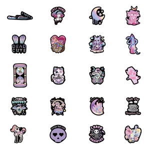 Set of 20 pastel goth waterproof stickers with skull and coffin designs on white background
