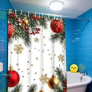 Digital print Christmas shower curtain with pine branches and red ornaments on blue tile