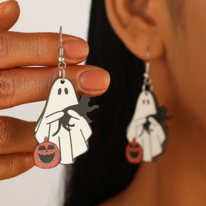 Halloween ghost earrings with black cat and pumpkin design on high-quality wood