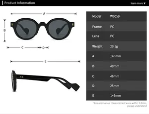 Detailed size chart for retro polygon sunglasses showing frame width and lens dimensions