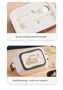 Close-up of pink Bobby Rabbit bento box showing a cutlery compartment with spoon and fork