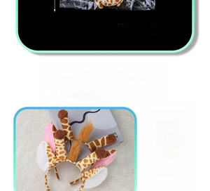 Detail of plush giraffe headband ears and horns showing soft material for party cosplay