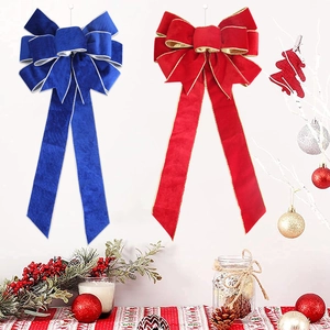 60cm velvet Christmas tree bow decorations in red and blue with metallic wire edges
