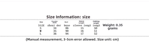 Tabella taglie dettagliata per completo da donna con top a sbuffo e gonna in centimetri