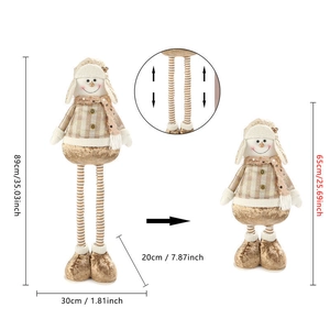 Adjustable Christmas snowman plush with retractable legs showing size 65cm to 89cm