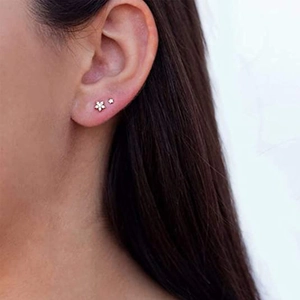 Close-up of S925 sterling silver flower stud earrings set with sparkling zircon crystals