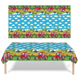 Tractor farm theme disposable plastic tablecloth and backdrop set for kids birthday party