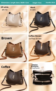 Detailed views of multi-color quilted bucket bags with dimensions and interior structure