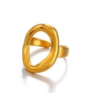 Adjustable gold irregular hollow ring featuring minimalist oval stainless steel design