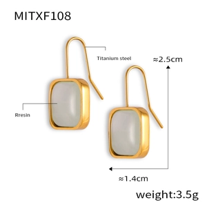Detailed view of square resin earrings with gold titanium frame and clear dimensions