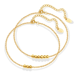 Two-piece 18K gold plated stainless steel bead anklet set with minimalist thin chain design