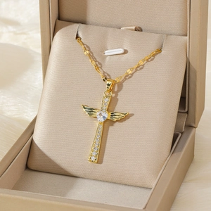 Cross Pendant Necklace Stainless Steel With Heart Zircon Angel Wing Design Simple Fashion Jewelry For Women