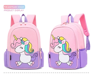 Pink and purple unicorn school bag featuring breathable mesh straps and side pockets