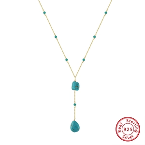 925 Sterling Silver Y-Shaped Necklace For Women Retro Turquoise Teardrop Irregular Gemstone Pendant Bohemian Jewelry Gift