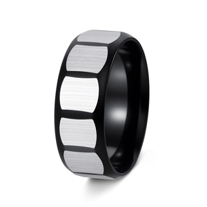 Men's wide titanium steel ring with black and silver faceted brushed metal finish