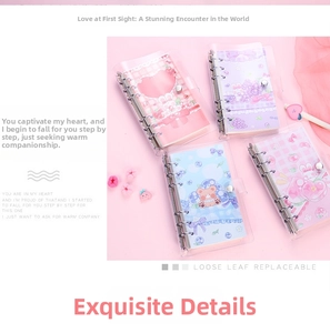 Close-up of four cute cartoon loose-leaf binders with 6-hole metal rings and PVC covers