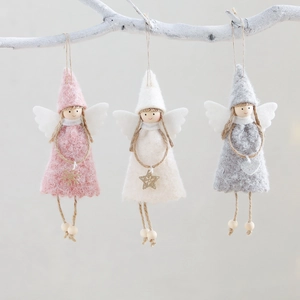 Christmas Angel Hanging Ornaments Pointed Hat Plush Polyester Wood Bead Wings Heart Star Snowflake Sequins Holiday Tree Decor