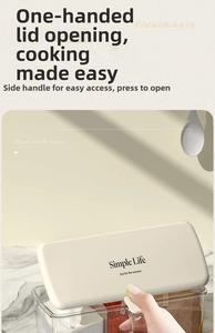 Detail view of the one-handed push button lid and ergonomic handle on kitchen spice box