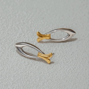 Dual-tone geometric stainless steel earrings with gold and silver wave design