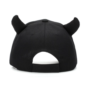Rear view of black baseball cap featuring devil horns and adjustable strap closure