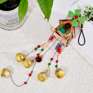 Japanese style cartoon wooden house wind chime with colorful beads and five metal bells