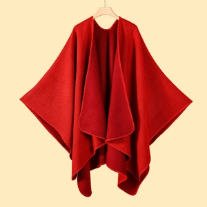 Elegant Japanese style red knit poncho cape for women with a side slit for autumn winter