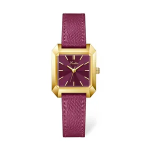 Elegant women's square gold watch with purple dial and matching leather strap